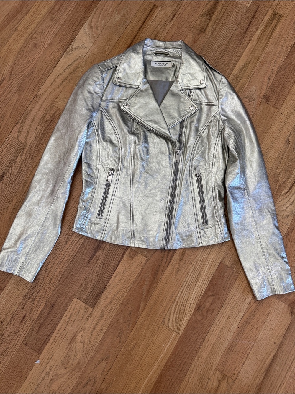 NAF NAF Silver Metallic Leather Moto Jacket